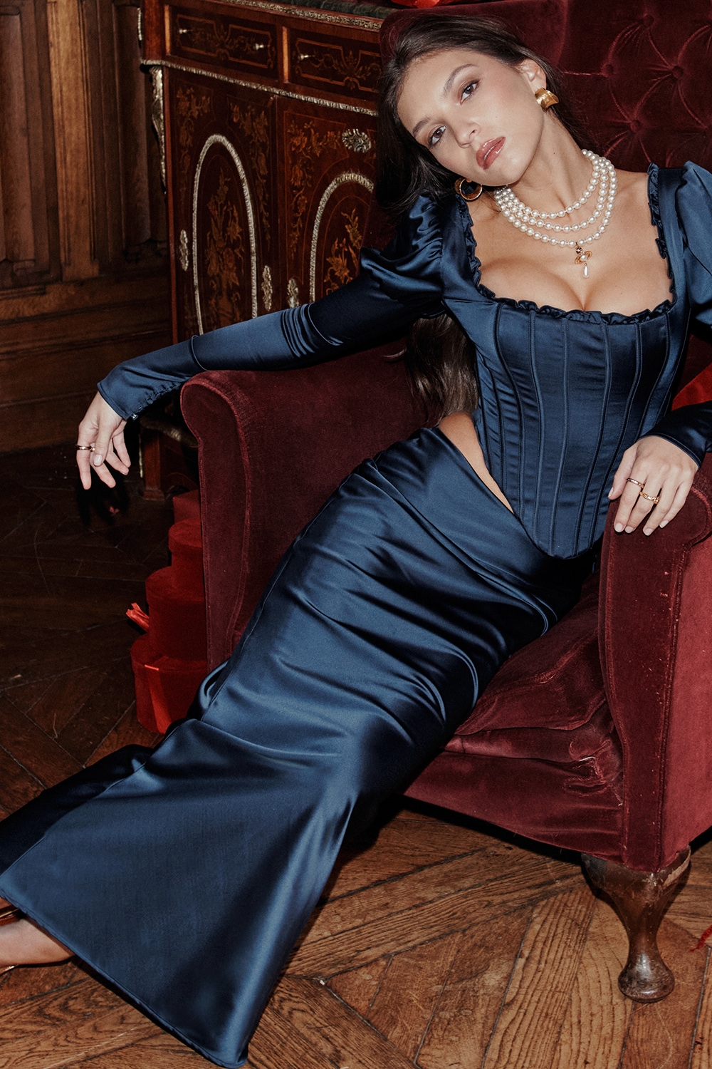 Charlene  Navy Satin Bias Cut Maxi Skirt — image 9