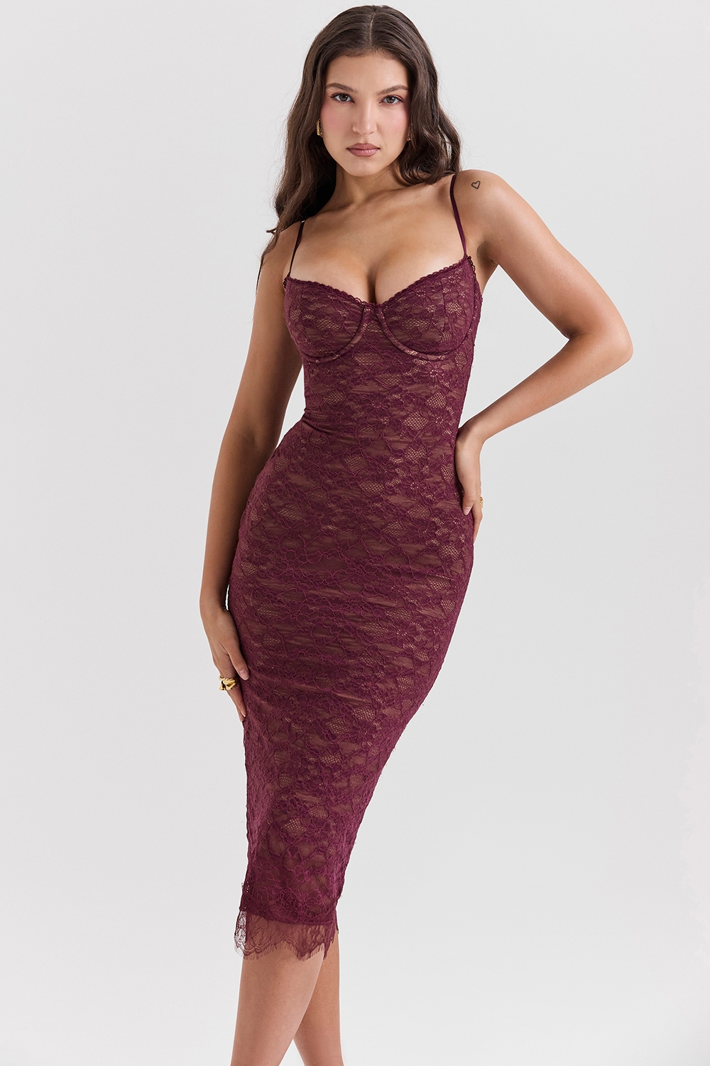 Melina Mulberry Lace Midi Dress
