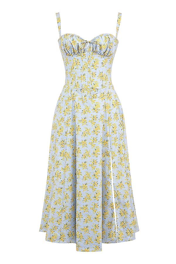 Carmen  Soft Blue Vintage Floral Print Cotton Bustier Sundress — image 7