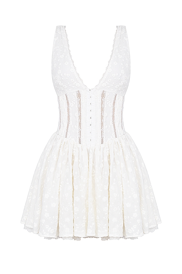 Sarita  White Cotton Broderie Anglais Plunge Mini Dress — image 19