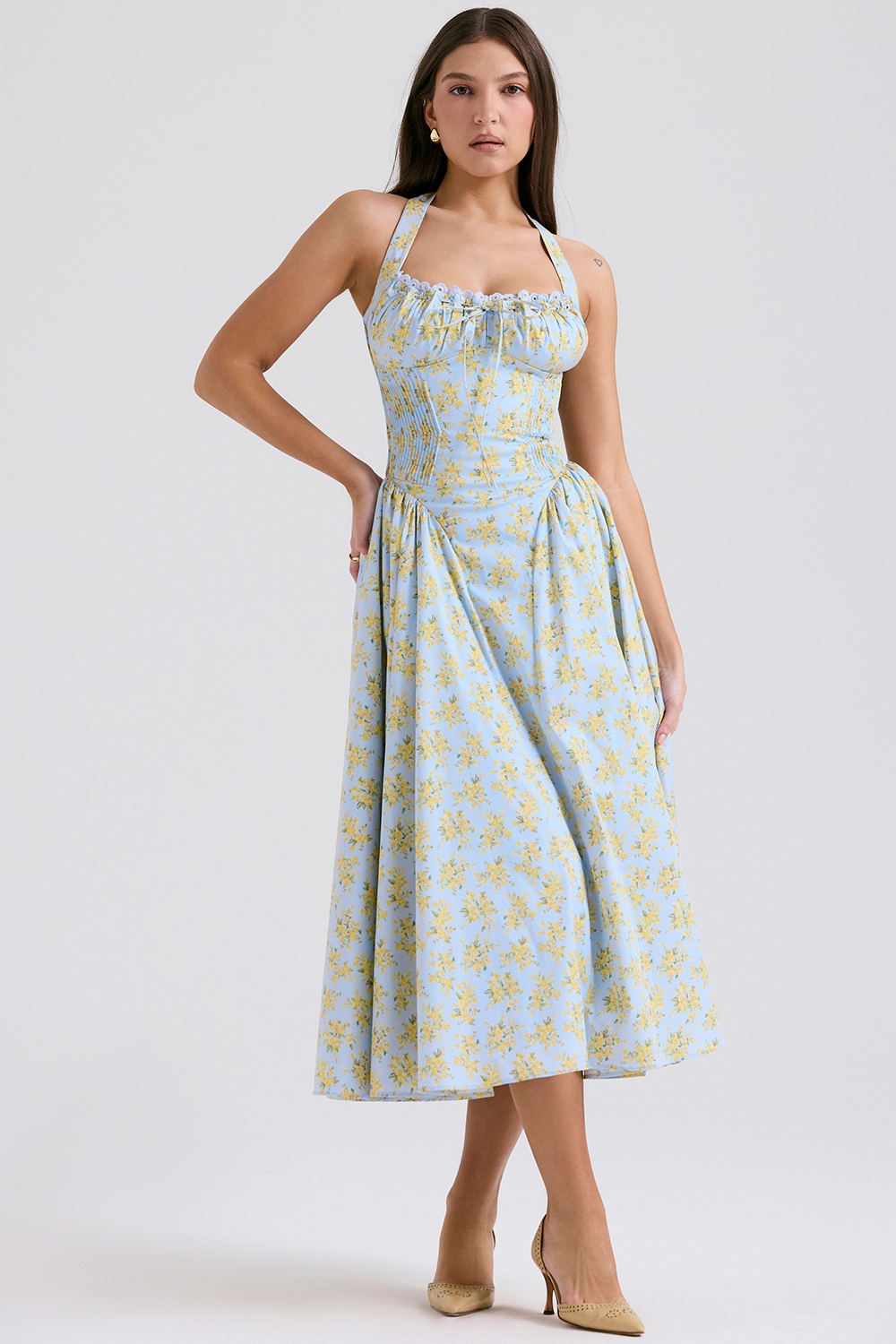 Adabella  Soft Blue Vintage Floral Print Cotton Halter Sundress — image 1