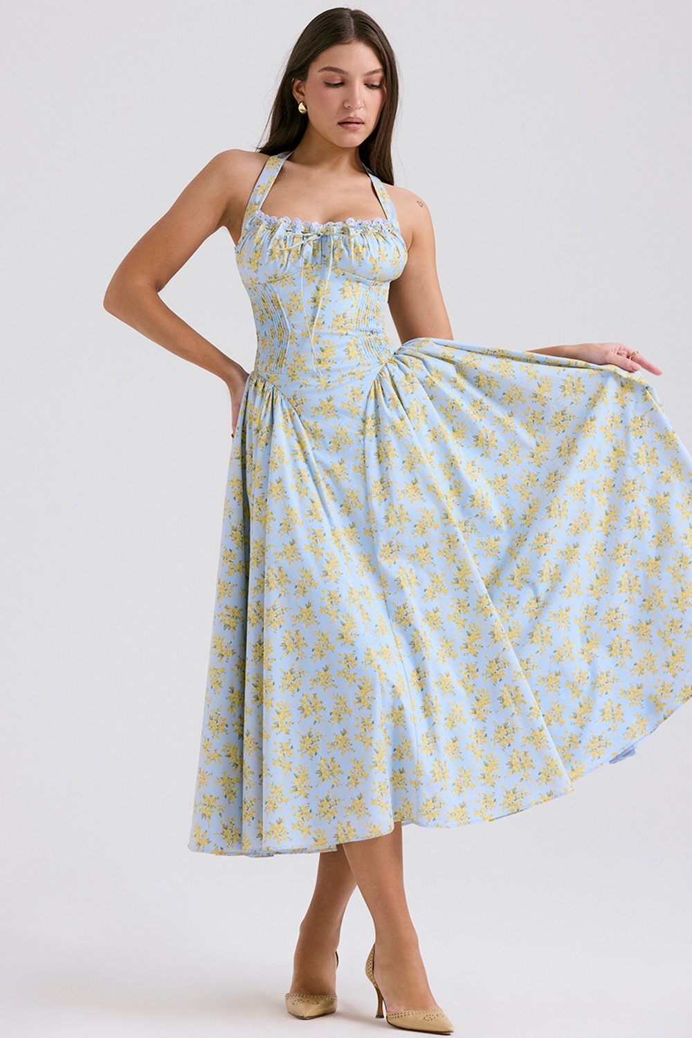 Adabella  Soft Blue Vintage Floral Print Cotton Halter Sundress — image 3