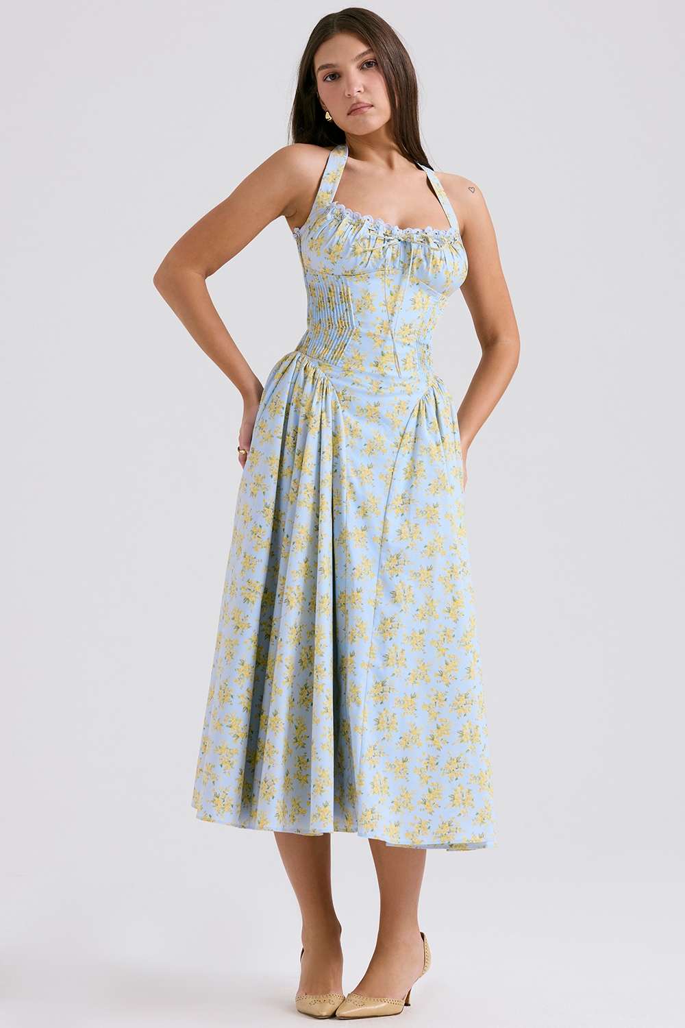 Adabella  Soft Blue Vintage Floral Print Cotton Halter Sundress — image 6