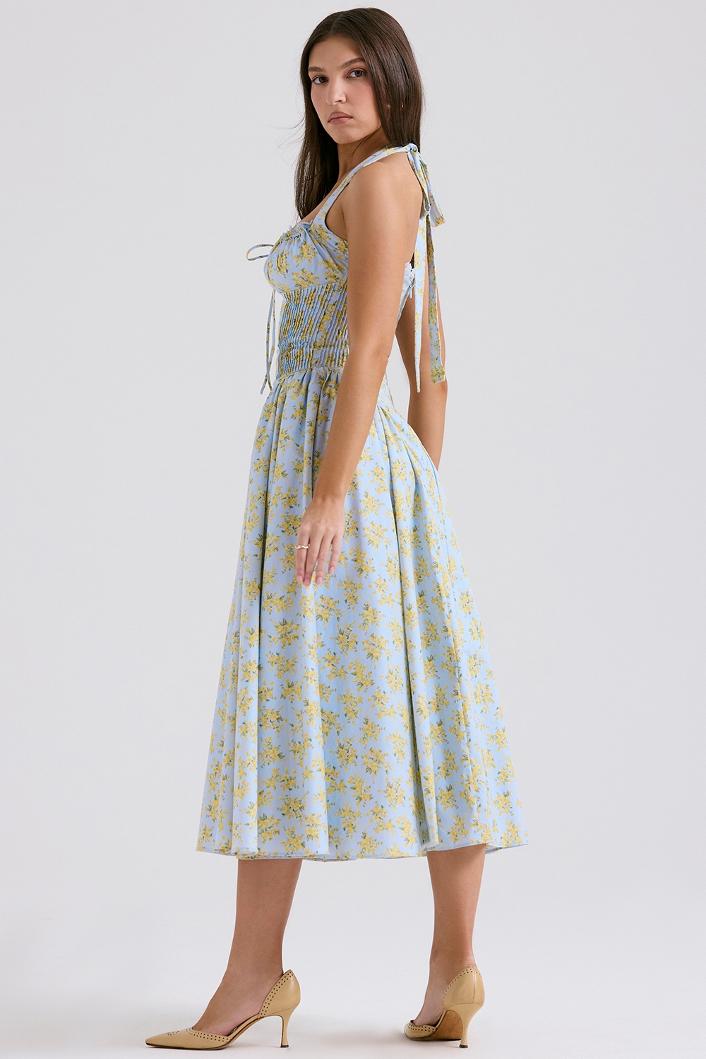 Adabella  Soft Blue Vintage Floral Print Cotton Halter Sundress — image 9