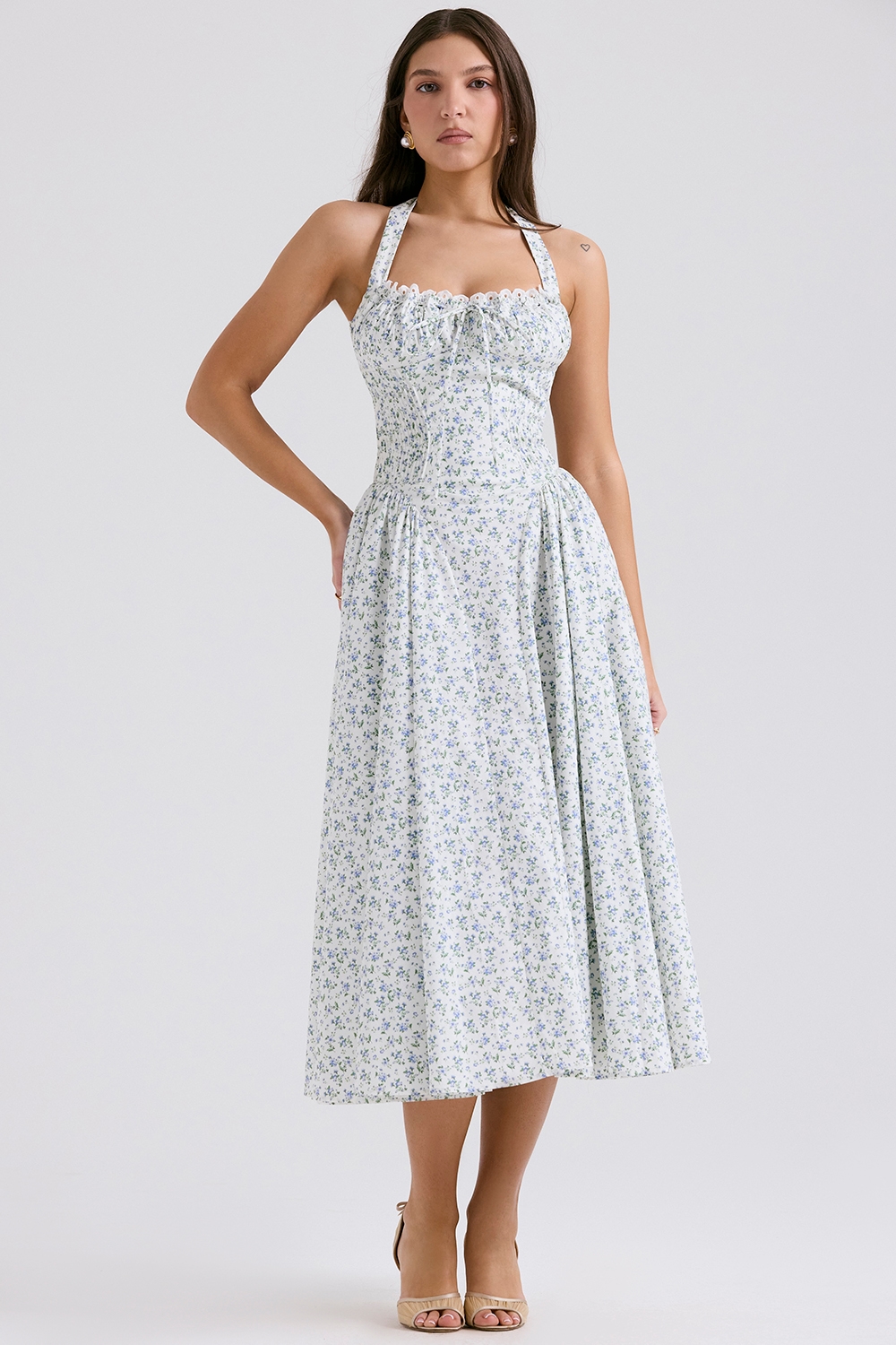 Adabella  White Bluebell Print Cotton Halter Sundress — image 1
