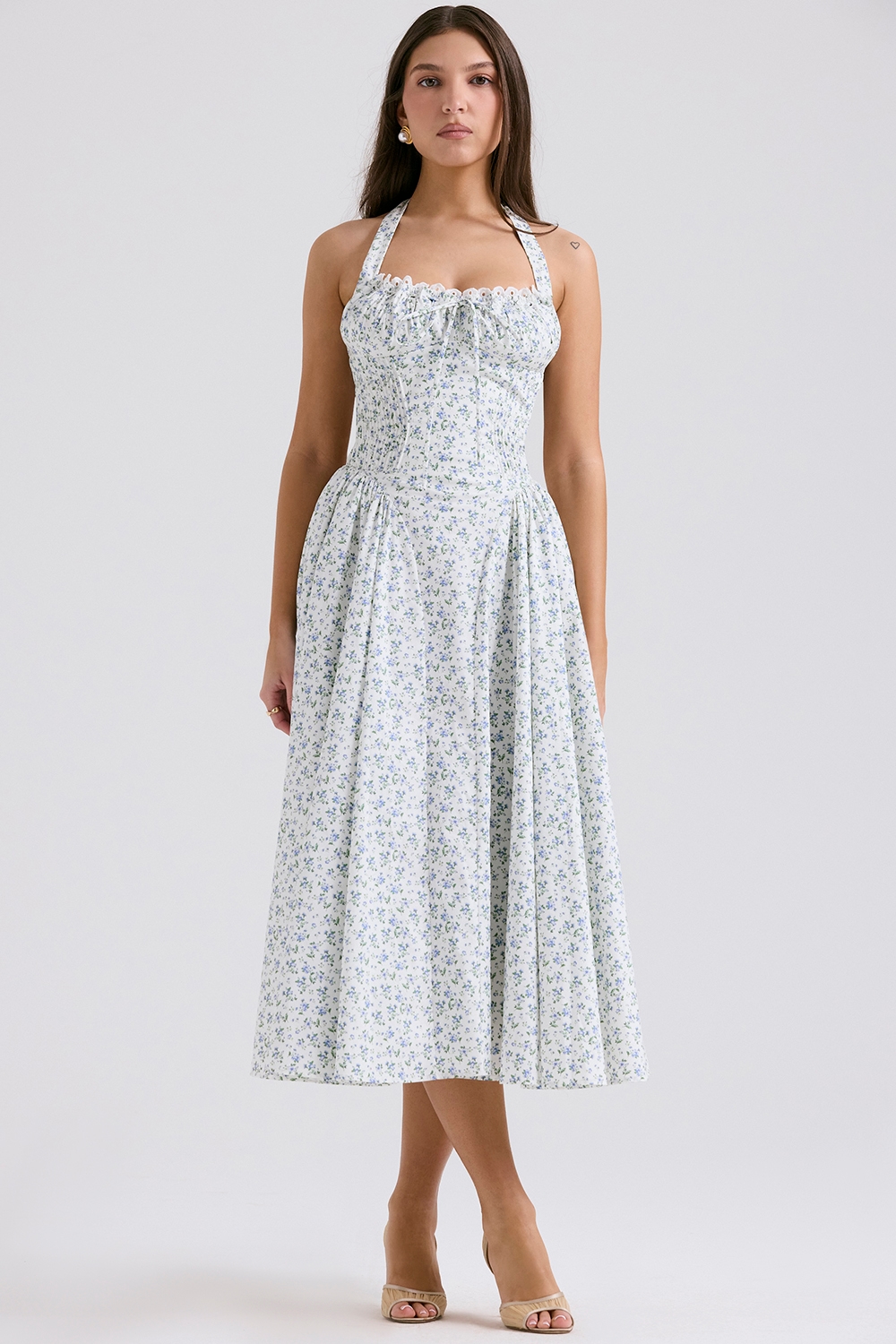 Adabella  White Bluebell Print Cotton Halter Sundress — image 3