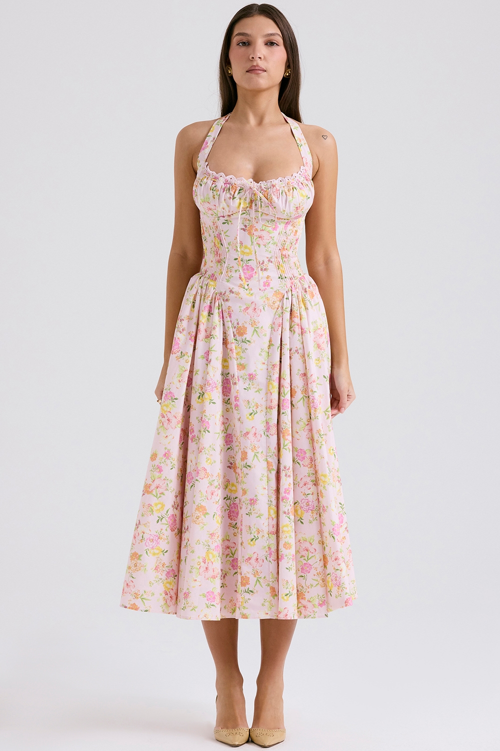 Adabella  Pink Meadow Print Cotton Halter Midi Sundress — image 2