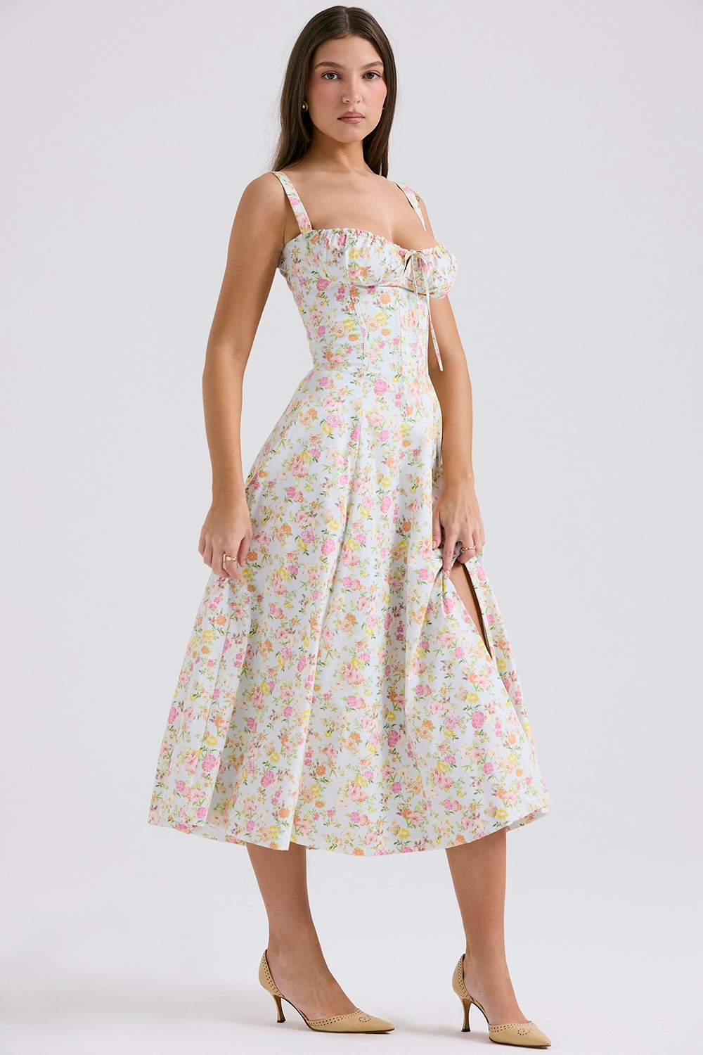 Carmen Pale Blue Meadow Print Cotton Bustier Sundress — image 5