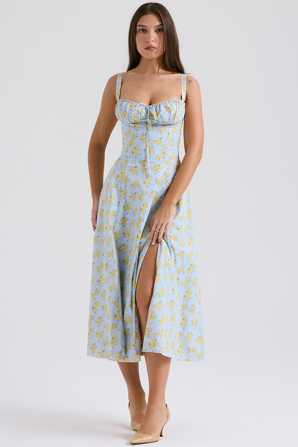 Carmen  Soft Blue Vintage Floral Print Cotton Bustier Sundress — image 2