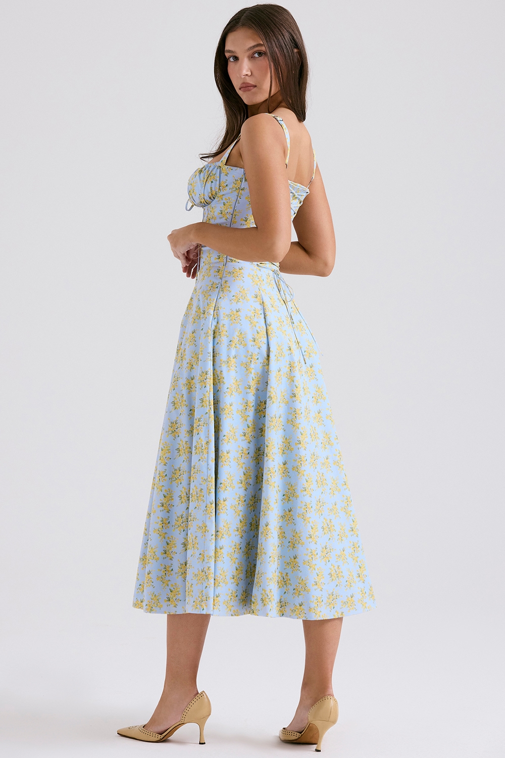 Carmen  Soft Blue Vintage Floral Print Cotton Bustier Sundress — image 5