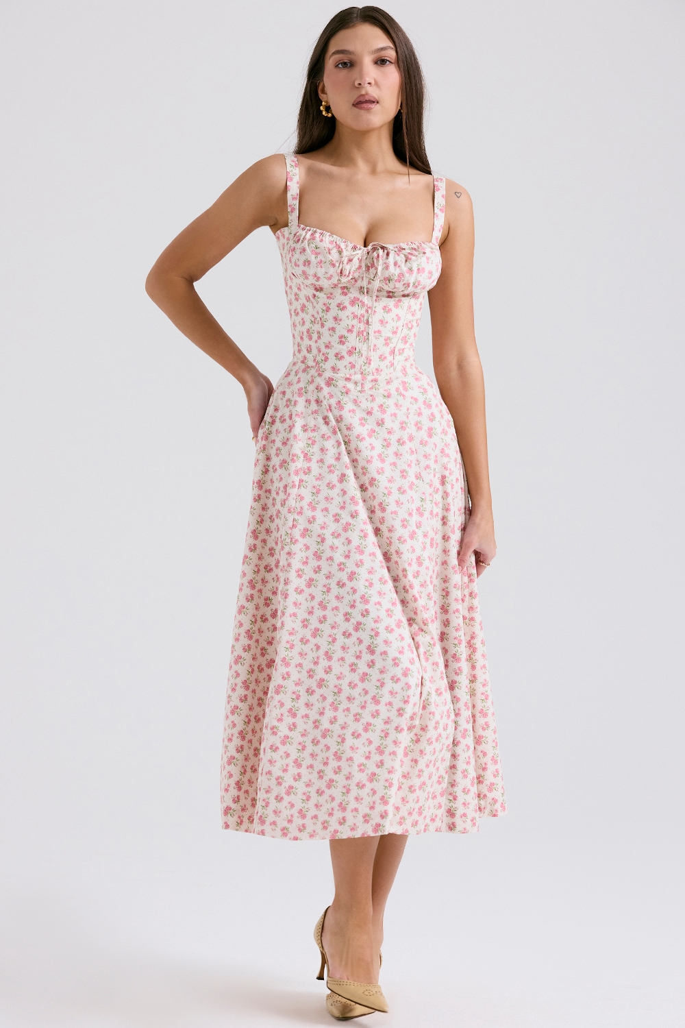Carmen  White Rosebud Print Cotton Bustier Sundress — image 5