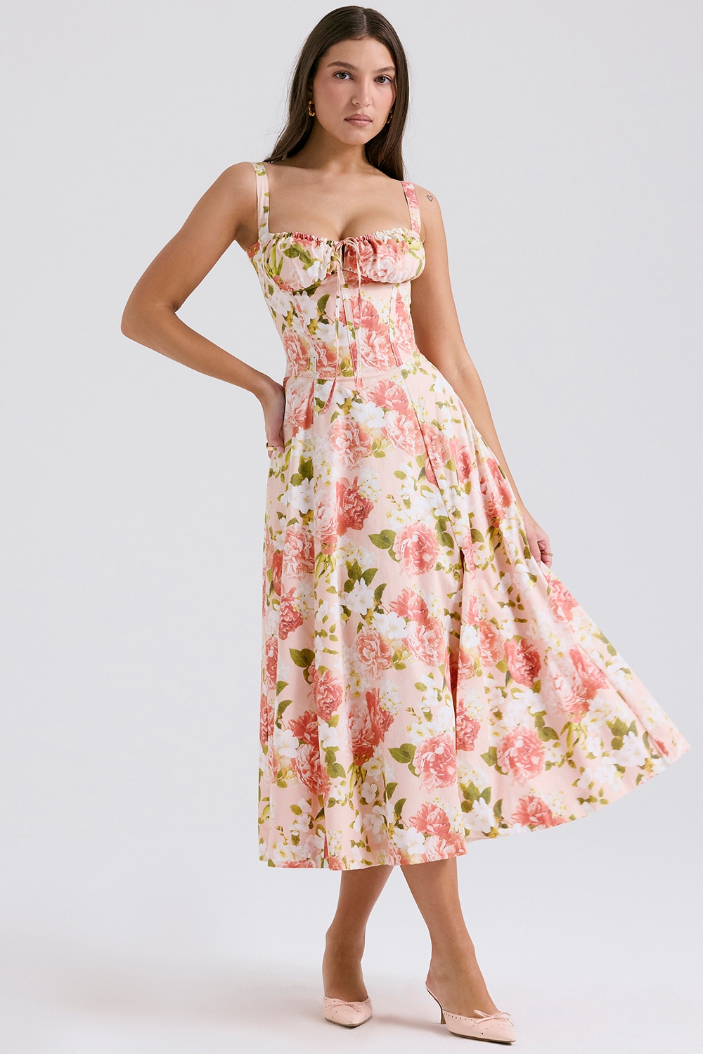Carmen  Pink Peony Print Cotton Bustier Sundress — image 5