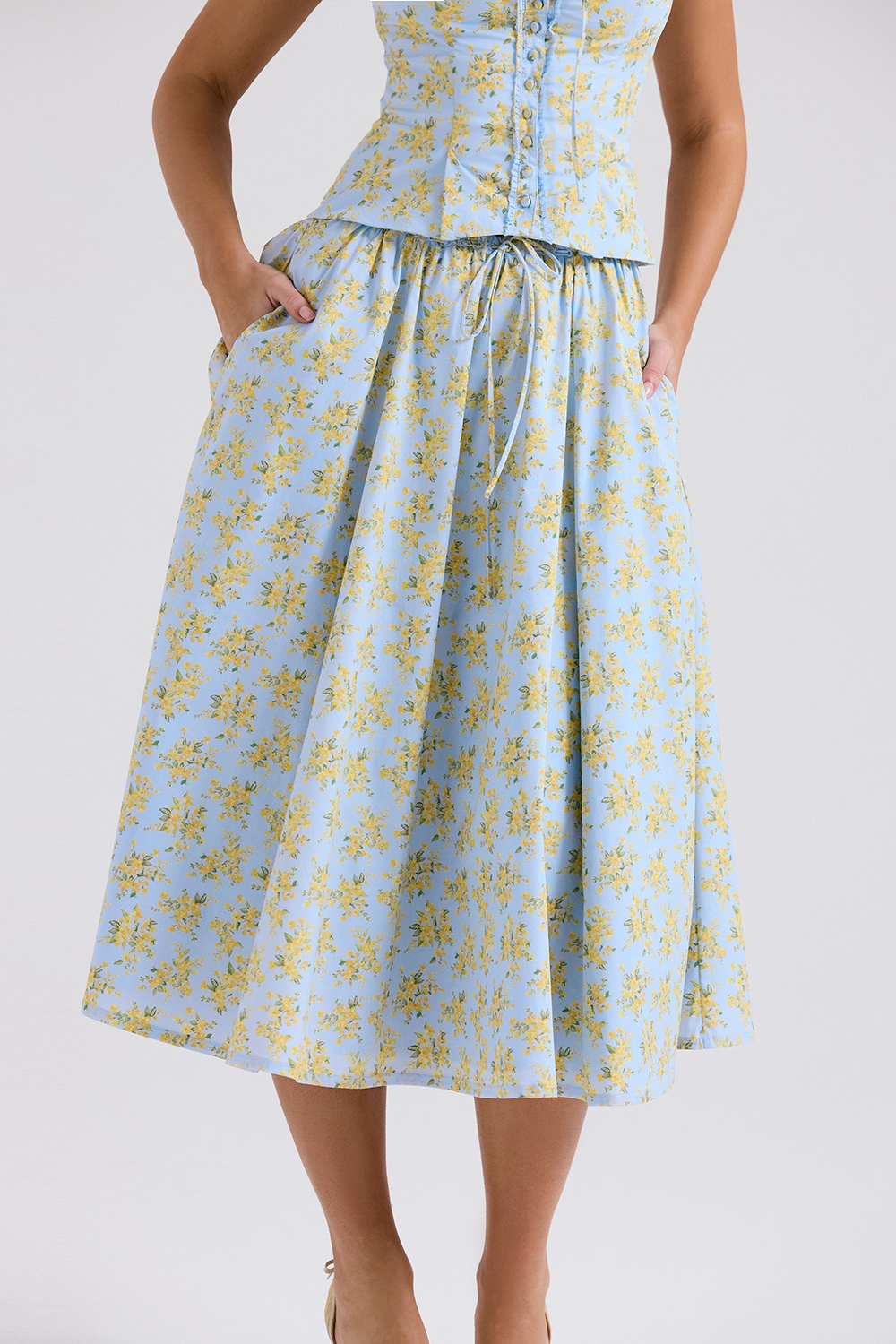 Cora  Soft Blue Vintage Floral Print Cotton Midi Skirt — image 5
