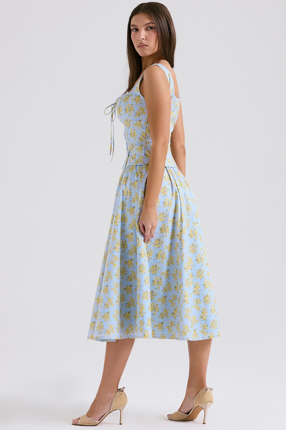 Cora  Soft Blue Vintage Floral Print Cotton Midi Skirt — image 8