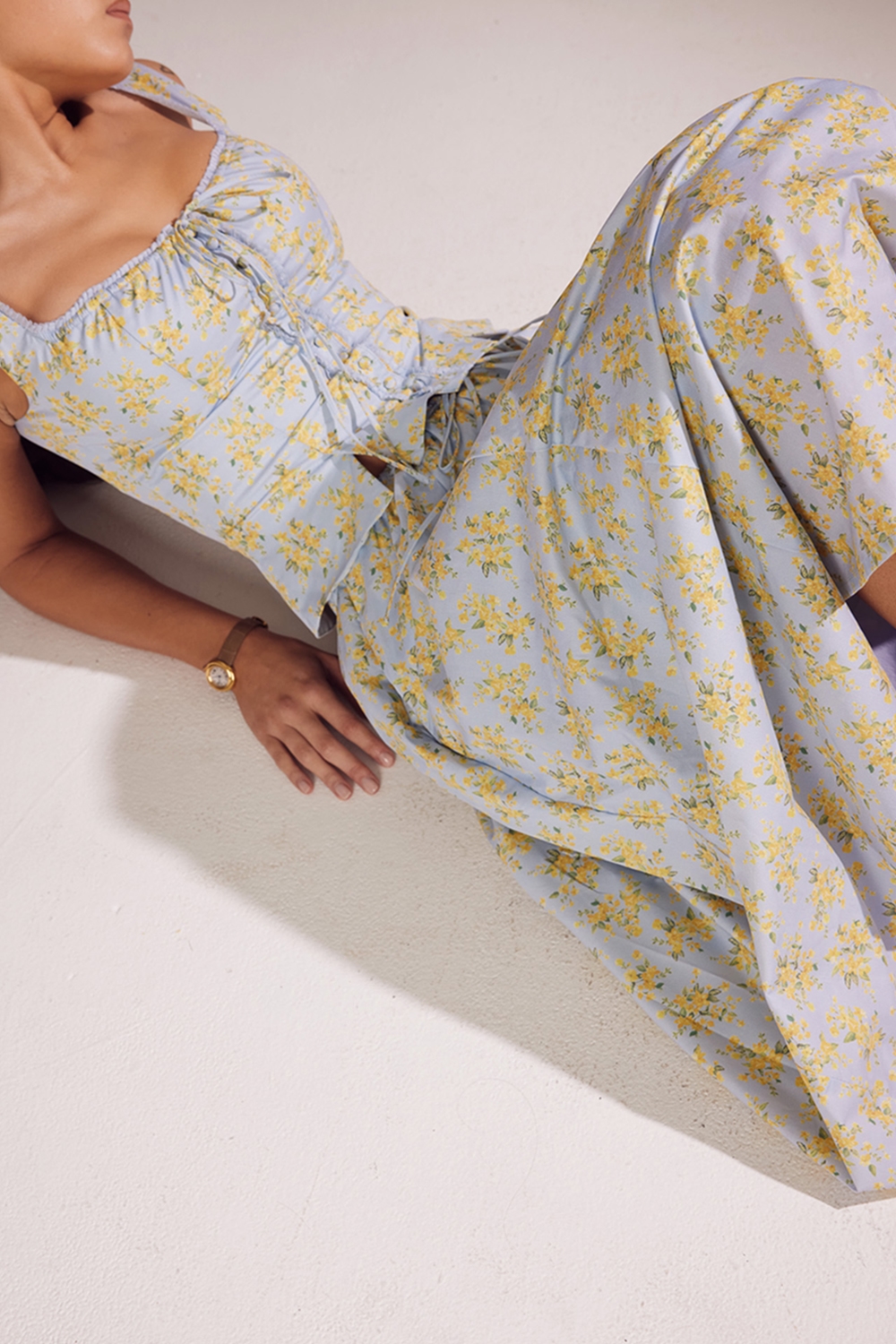 Cora  Soft Blue Vintage Floral Print Cotton Midi Skirt — image 2