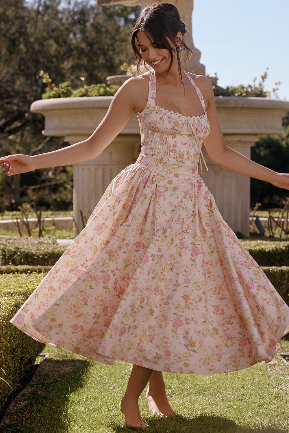 Adabella  Pink Meadow Print Cotton Halter Midi Sundress — image 11