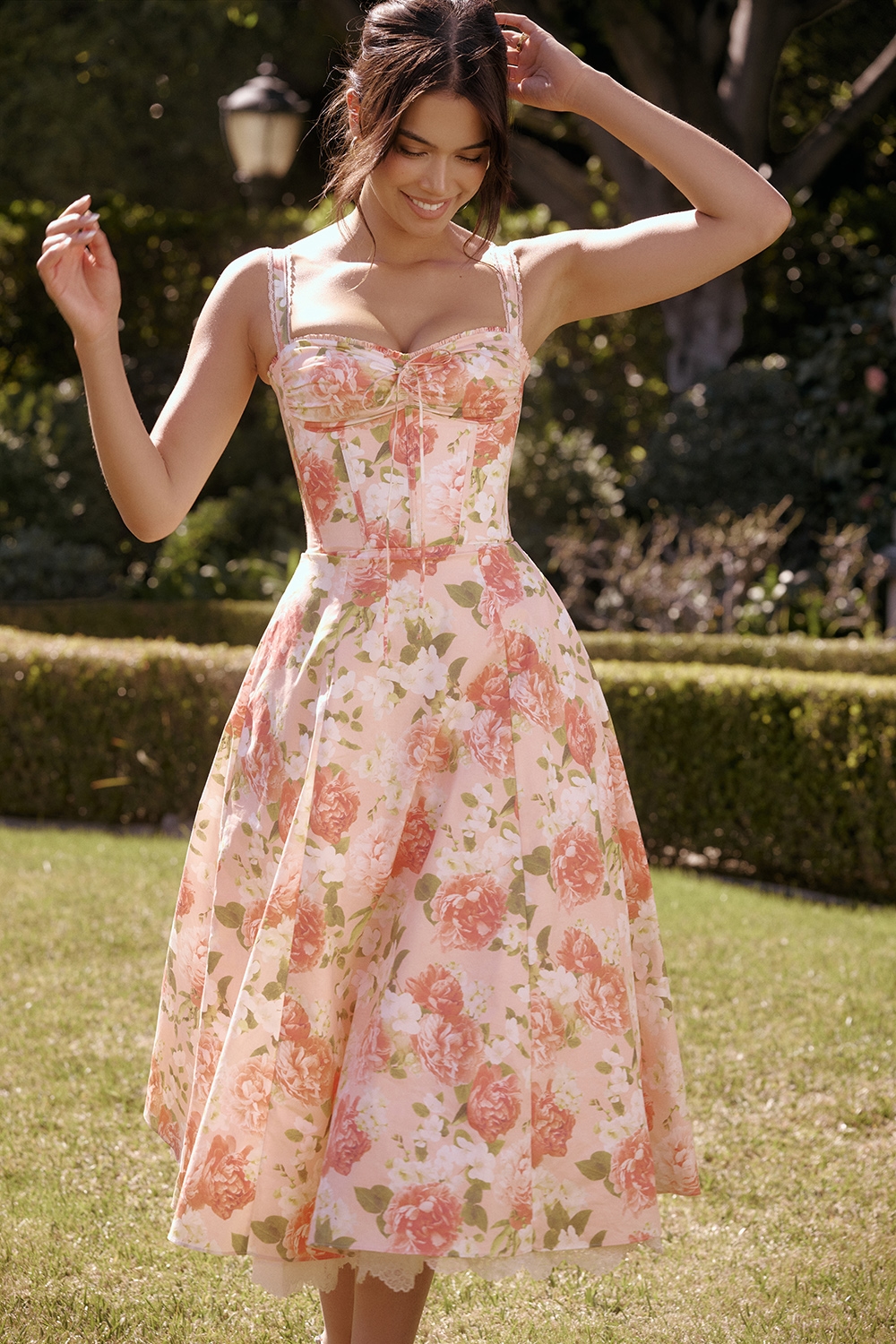 Rosalee  Pink Peony Print Cotton Bustier Sundress — image 1