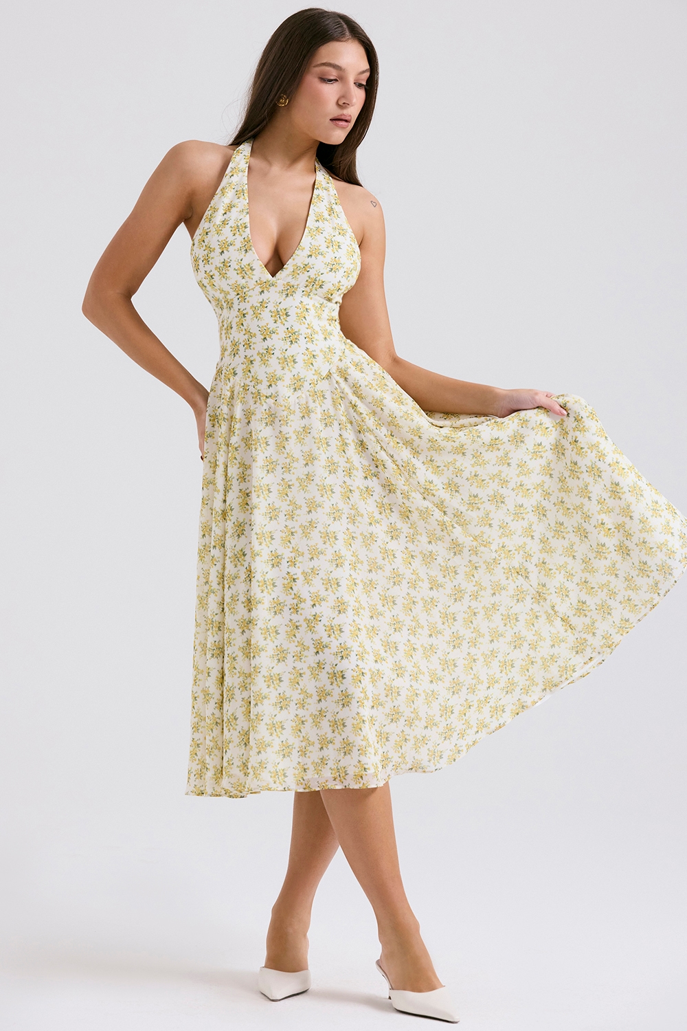 Solada  Ivory Vintage Floral Print Georgette Halter Sundress — image 3