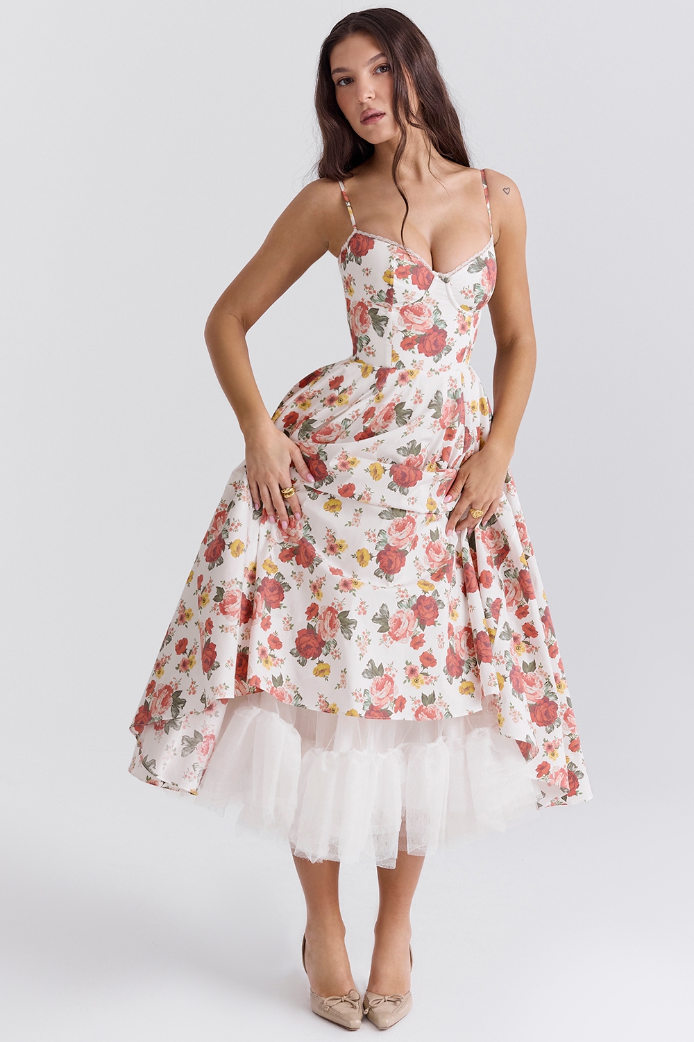 Mademoiselle  Italian Rose Print Tulle Midi Dress — image 1
