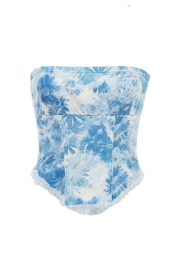 Mistress Rocks Blue Floral Print Strapless Denim Top - SALE — image 11