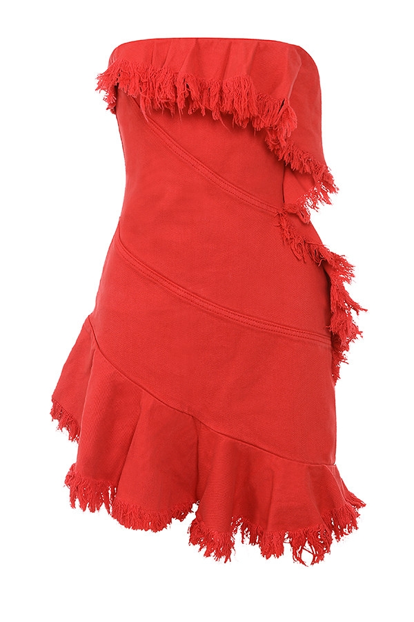 Mistress Rocks Red Frayed Denim Strapless Mini Dress - SALE — image 11