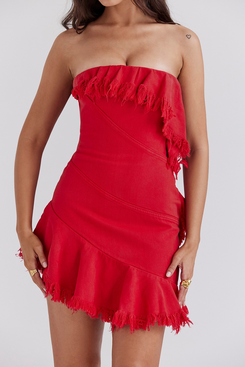 Mistress Rocks Red Frayed Denim Strapless Mini Dress - SALE — image 4
