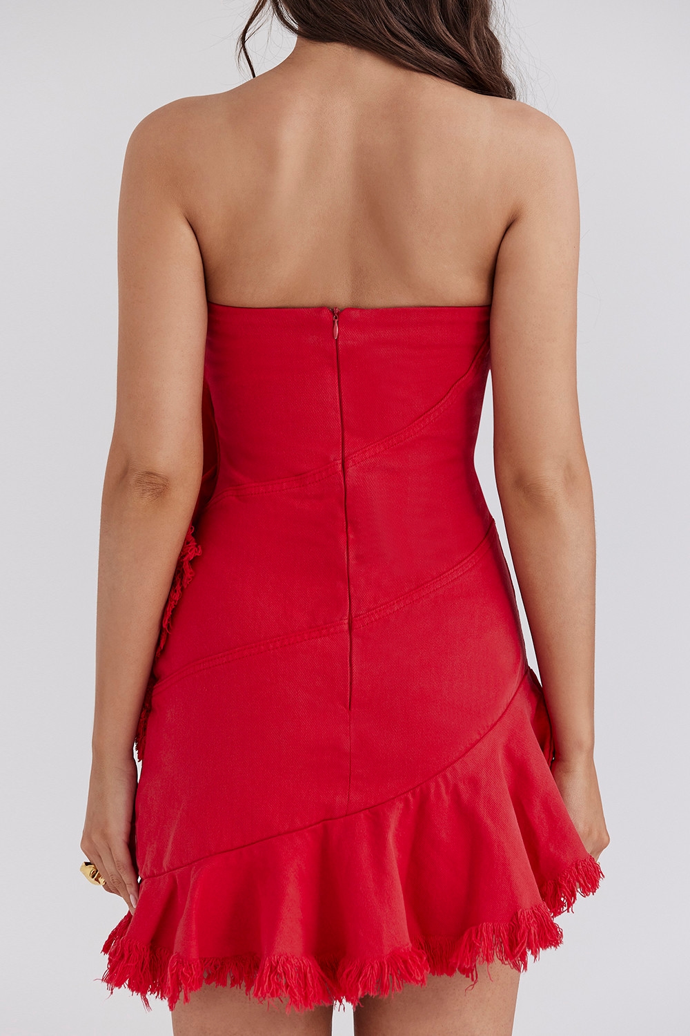 Mistress Rocks Red Frayed Denim Strapless Mini Dress - SALE — image 8