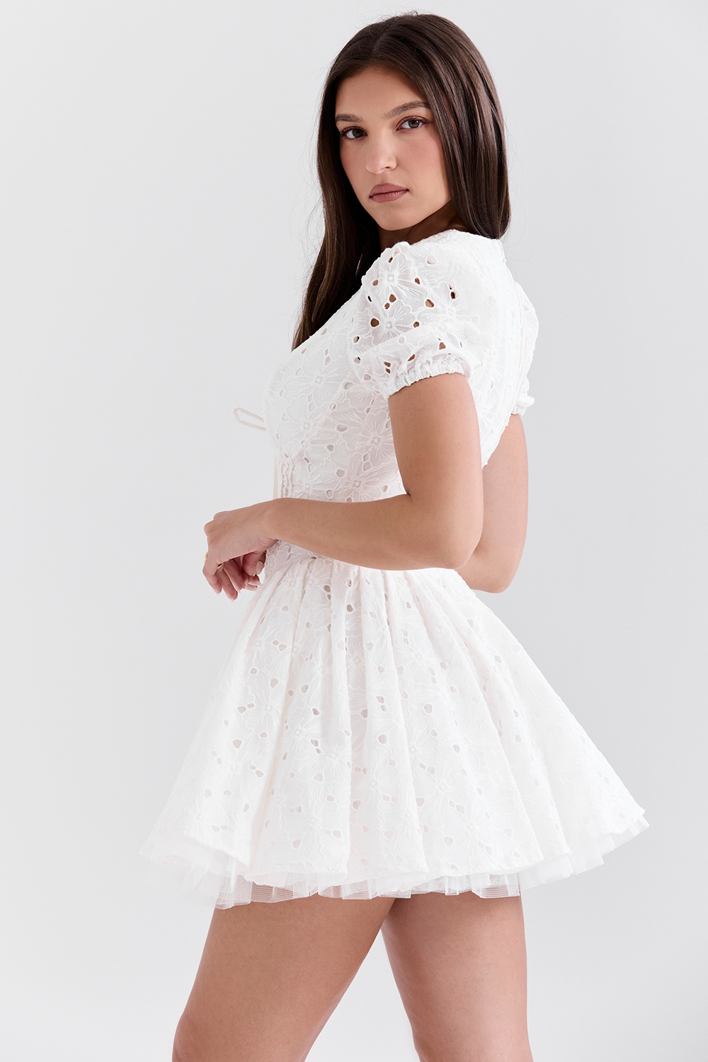Imani  White Pleated Broderie Anglais Mini Dress — image 7