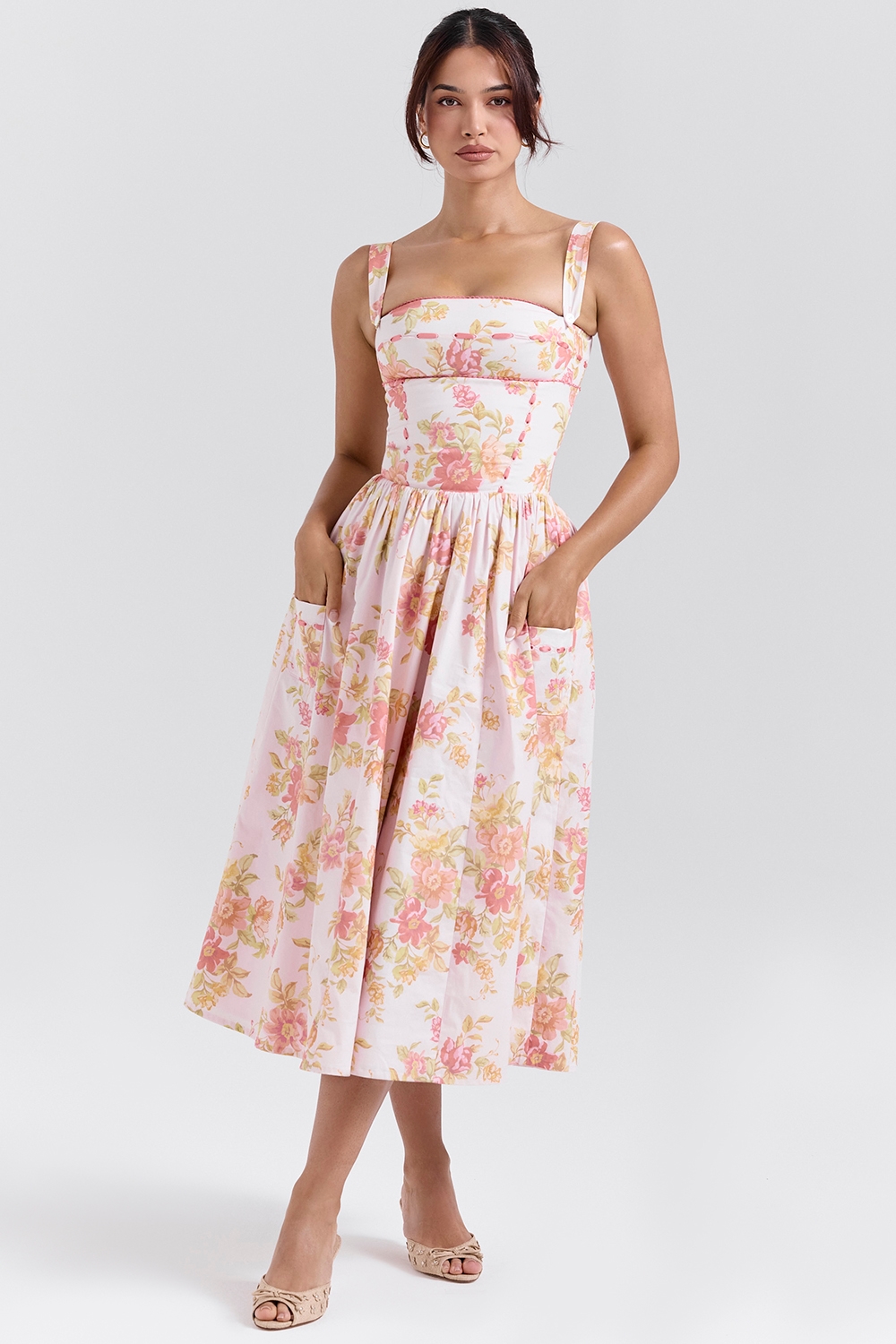 Vivien  Peach Poppy Print Cotton Midi Sundress — image 3