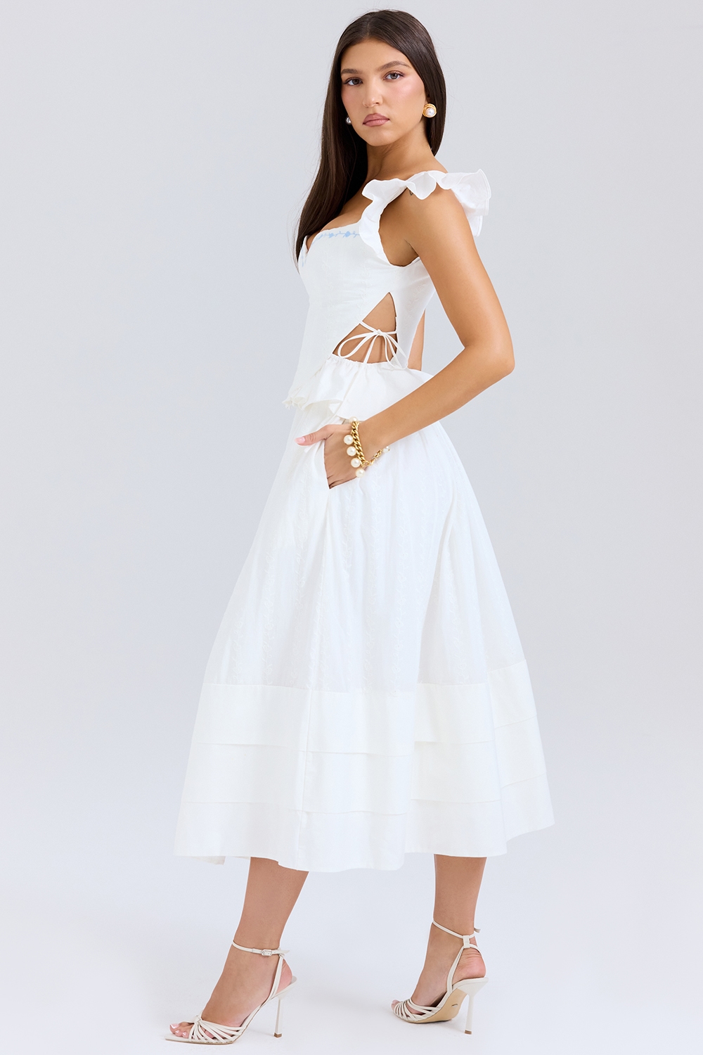 Augustine  White Embroidered Cotton Midi Skirt — image 7