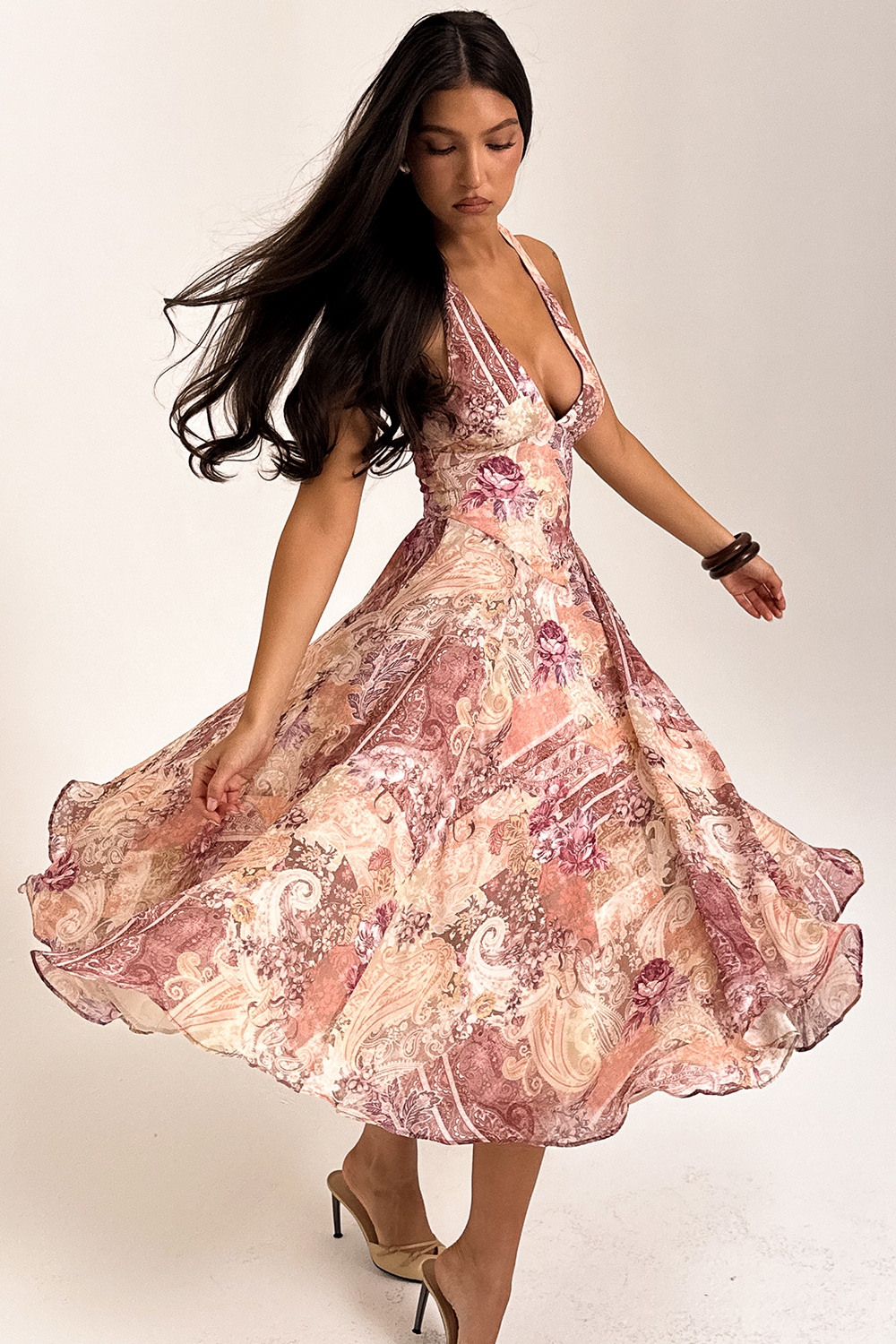 Solada  Paisley Patchwork Print Georgette Halter Sundress — image 11