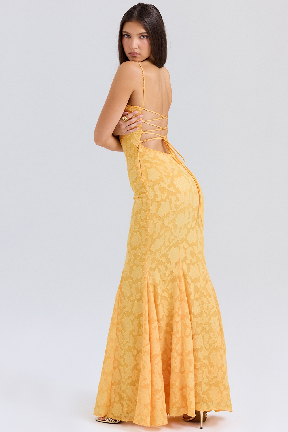 Joan  Apricot Lace Up Back Maxi Dress — image 9