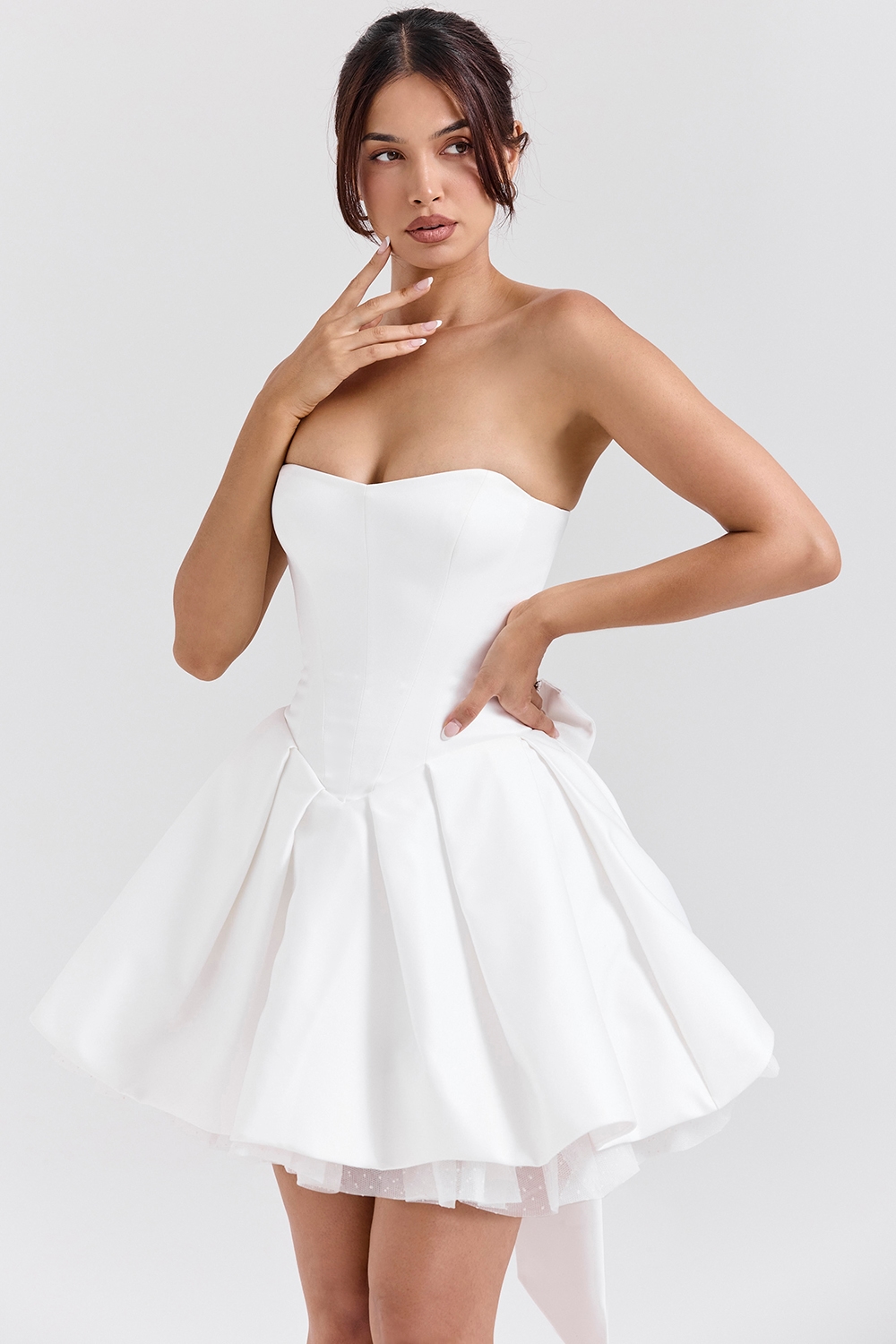 Noele  White Satin Strapless Bow Mini Gown — image 3