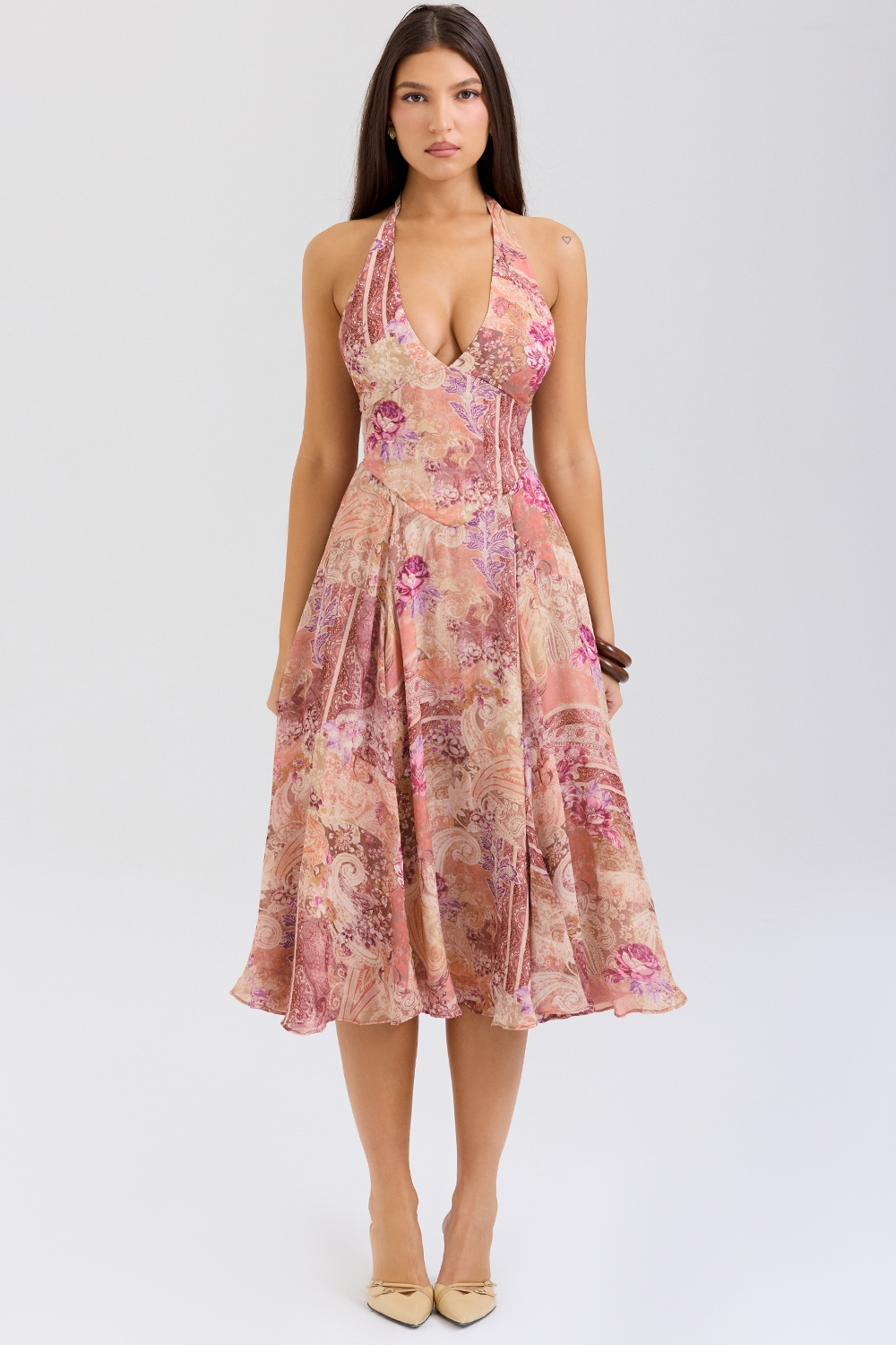 Solada  Paisley Patchwork Print Georgette Halter Sundress — image 3