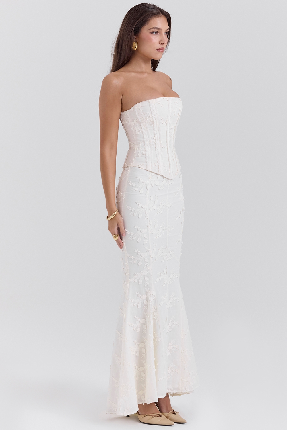 Veronica  Vintage Ivory Embroidered Godet Maxi Skirt — image 3