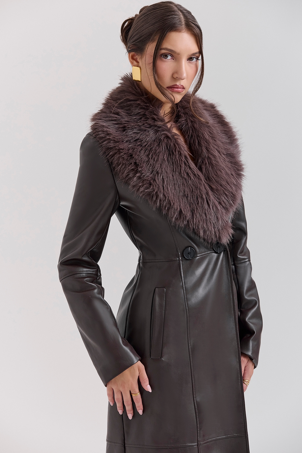 Marcel  Brown Faux Fur Trimmed Vegan Leather Coat — image 3