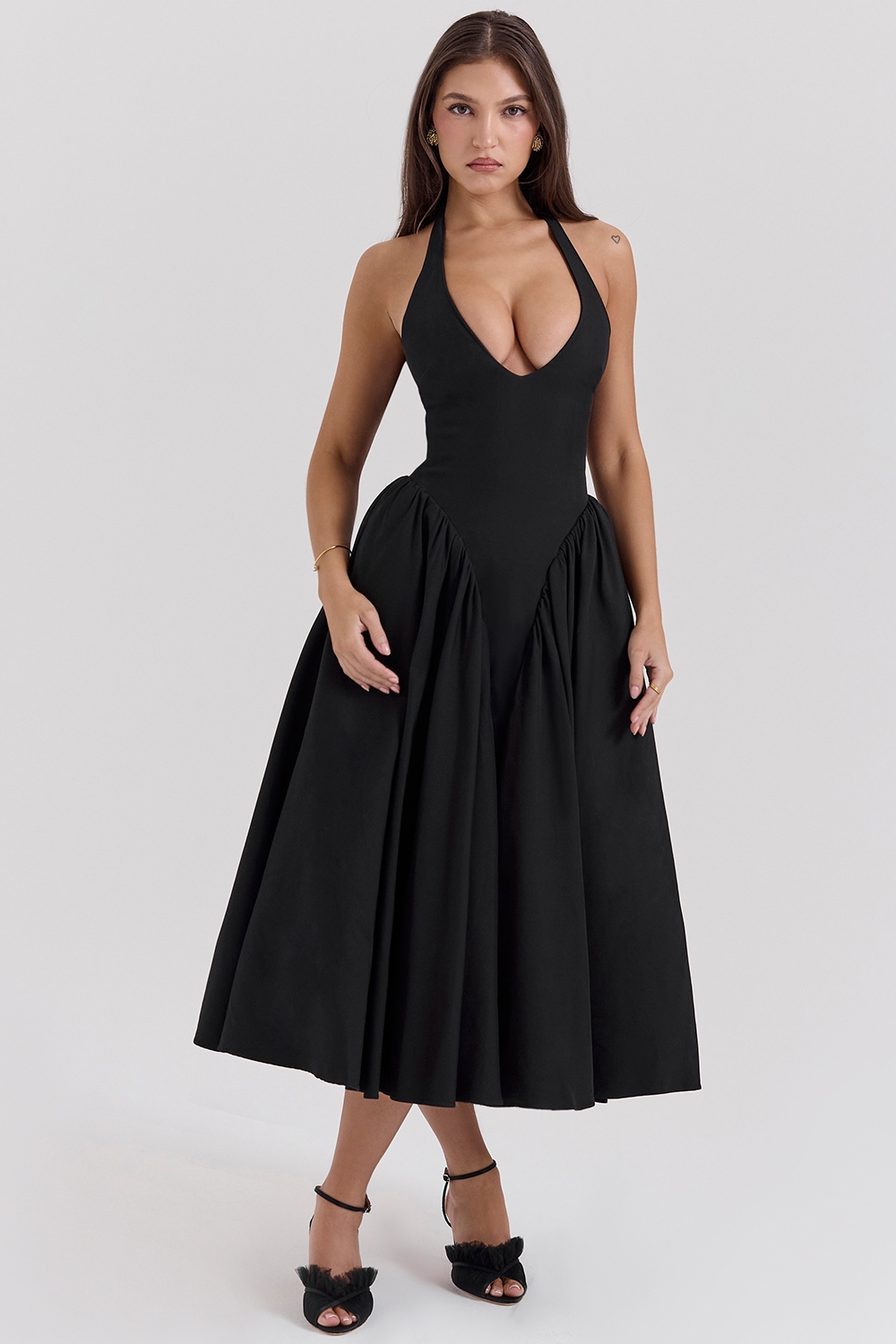 Marilyn  Black Twill Halter Midi Dress — image 1