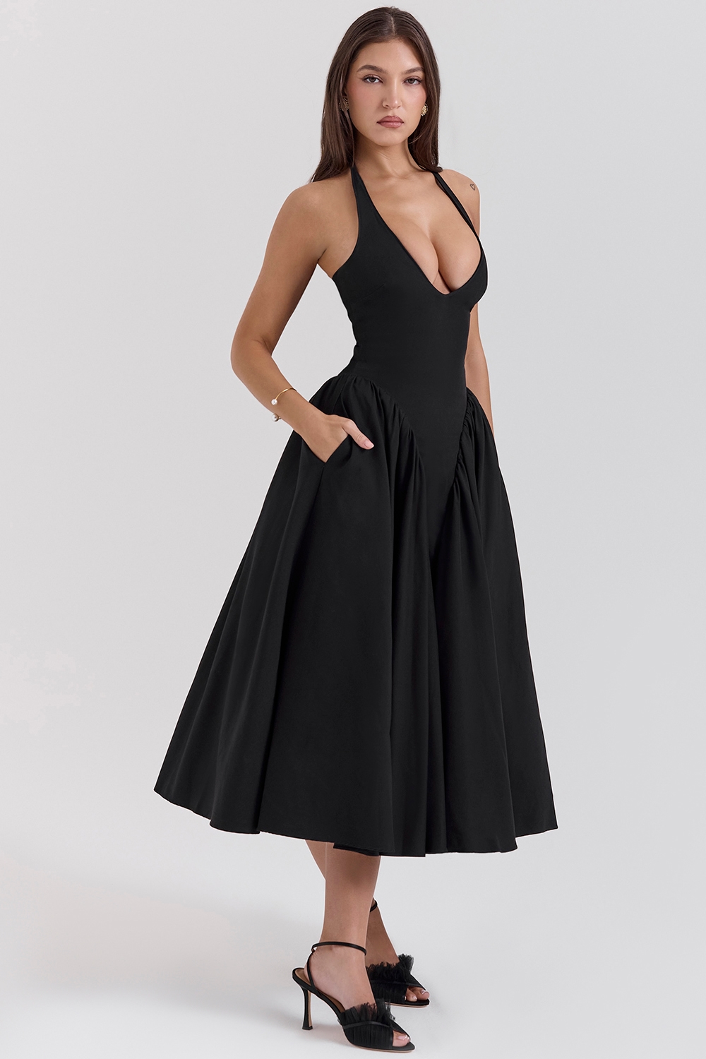 Marilyn  Black Twill Halter Midi Dress — image 6
