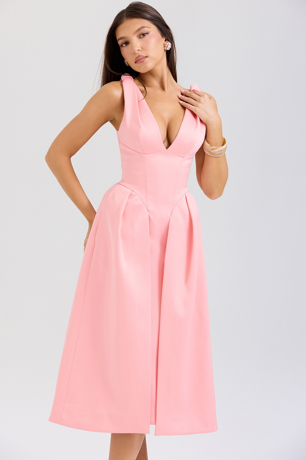 Paloma  Peach Satin Pleated Midi Dress — image 5