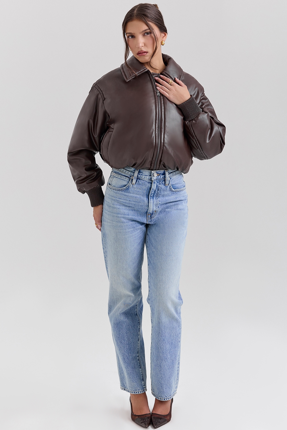 Sante  Dark Brown Vegan Leather Bomber Jacket — image 3