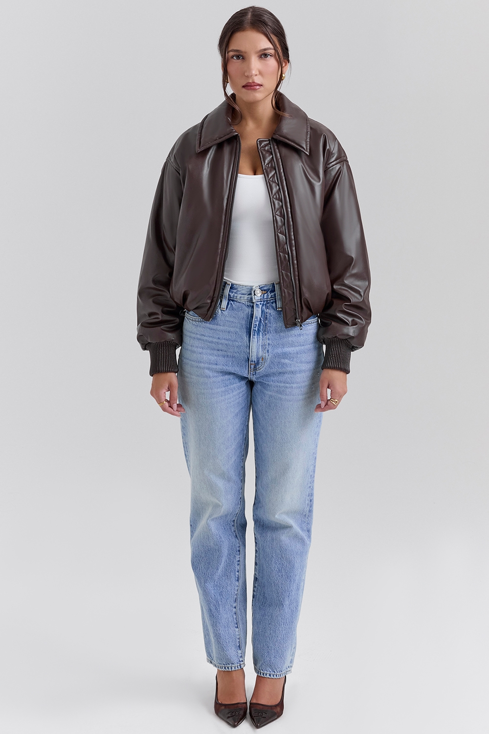 Sante  Dark Brown Vegan Leather Bomber Jacket — image 5