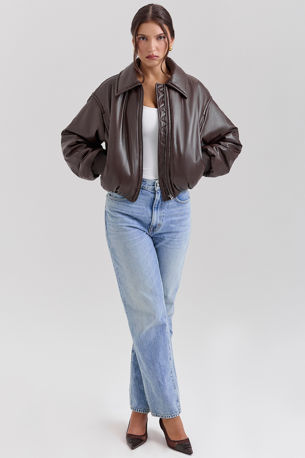 Sante  Dark Brown Vegan Leather Bomber Jacket — image 6
