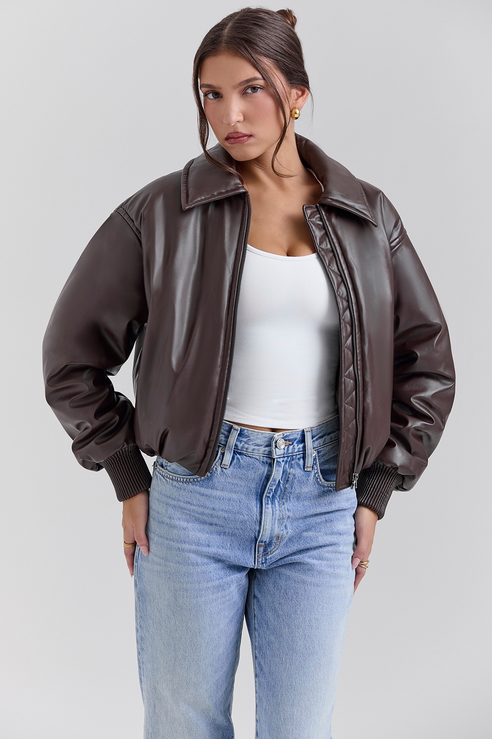 Sante Dark Brown Vegan Leather Bomber Jacket