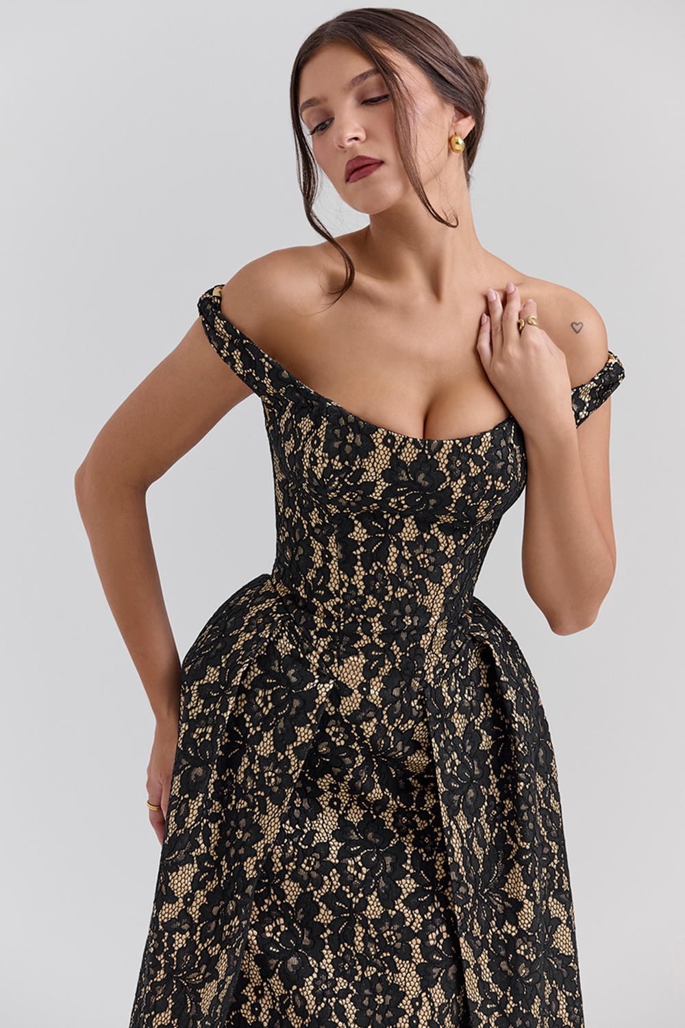 Charming  Black Gold Lace Off Shoulder Midi Gown — image 3