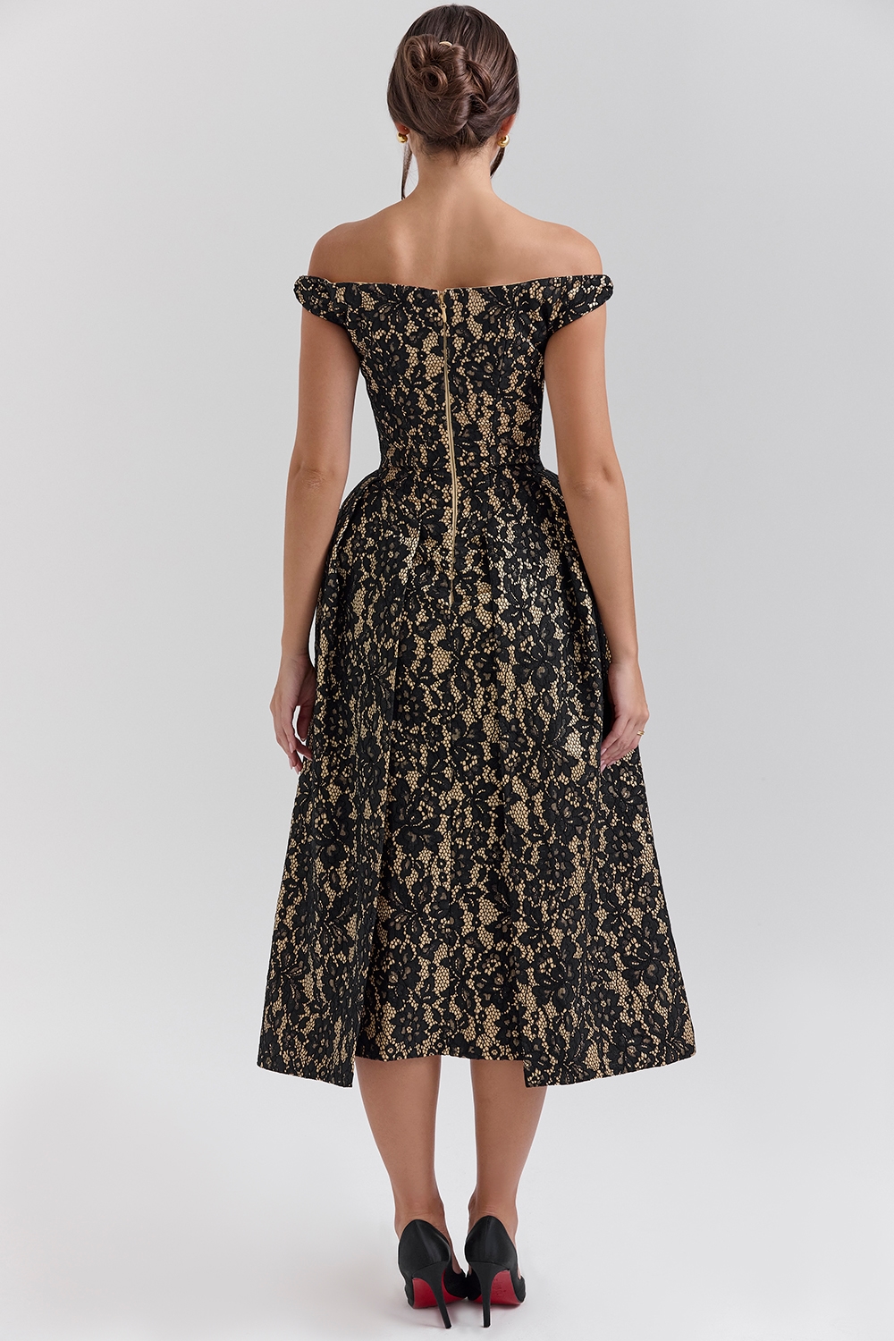 Charming  Black Gold Lace Off Shoulder Midi Gown — image 7