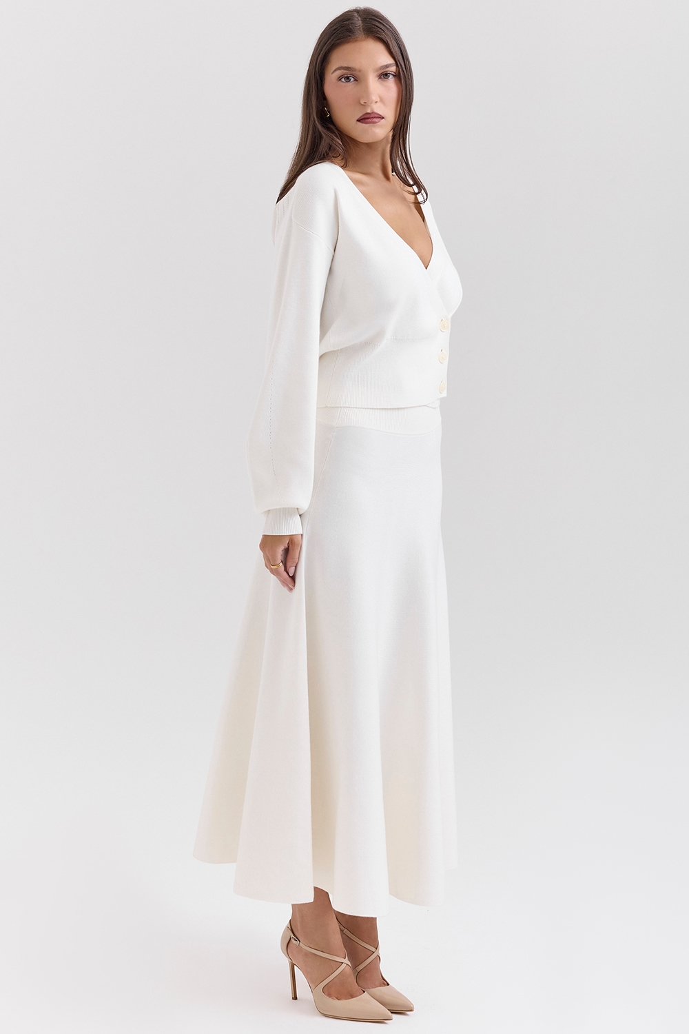 Solara  Ivory Wool Mix Flared Midi Skirt — image 3