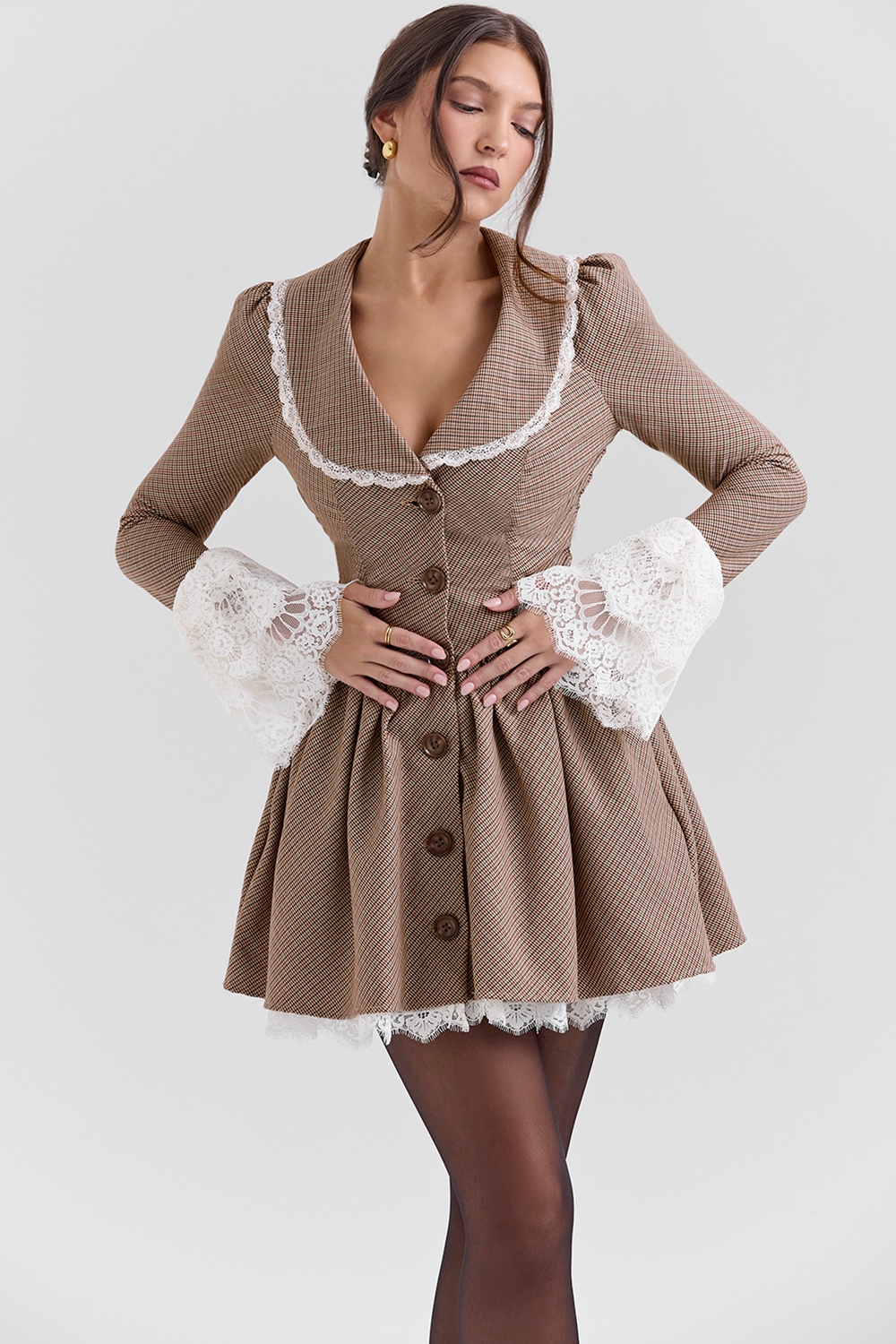 Sable  Brown Puppytooth Check Mini Dress — image 3