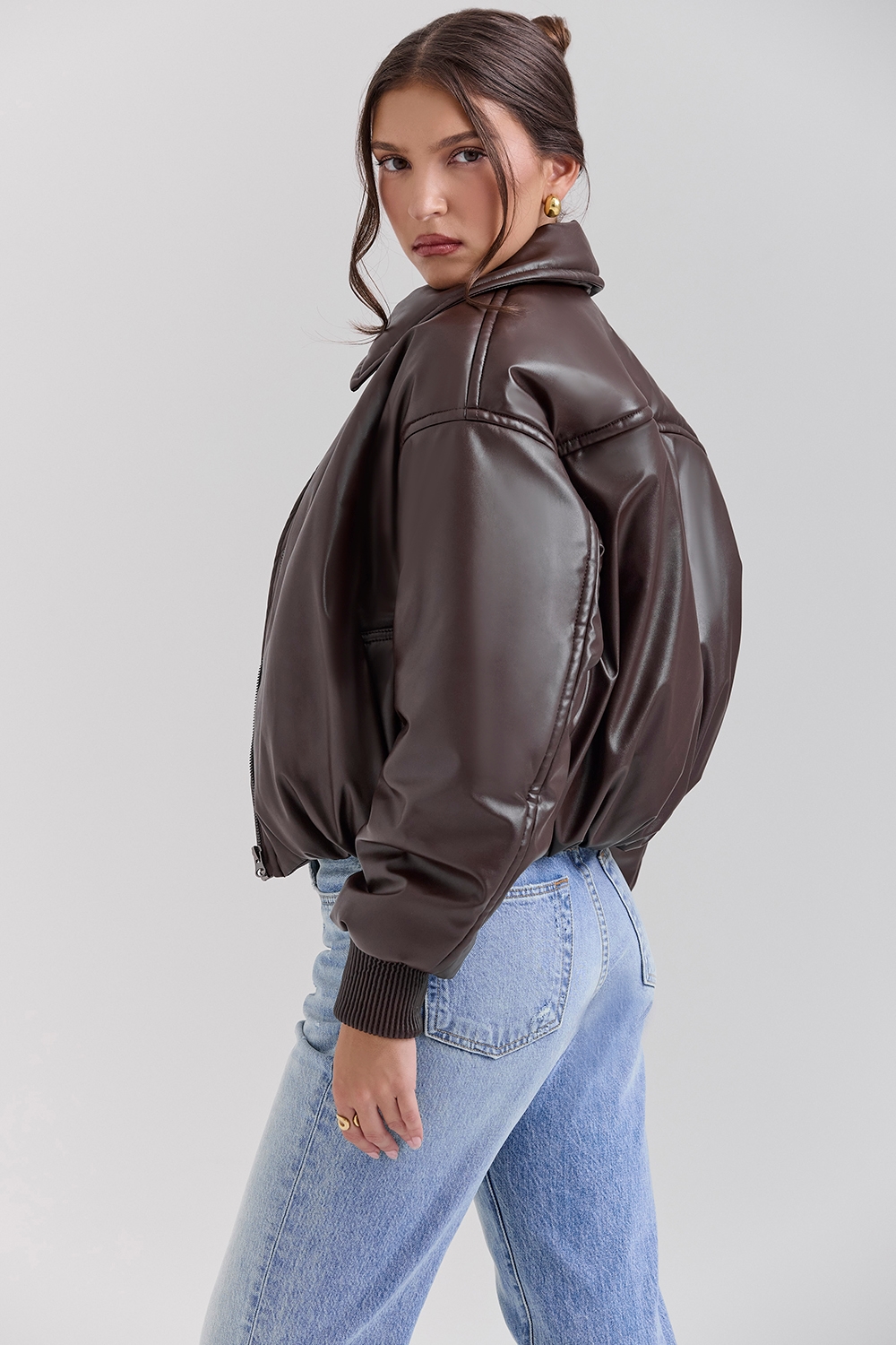 Sante  Dark Brown Vegan Leather Bomber Jacket — image 8