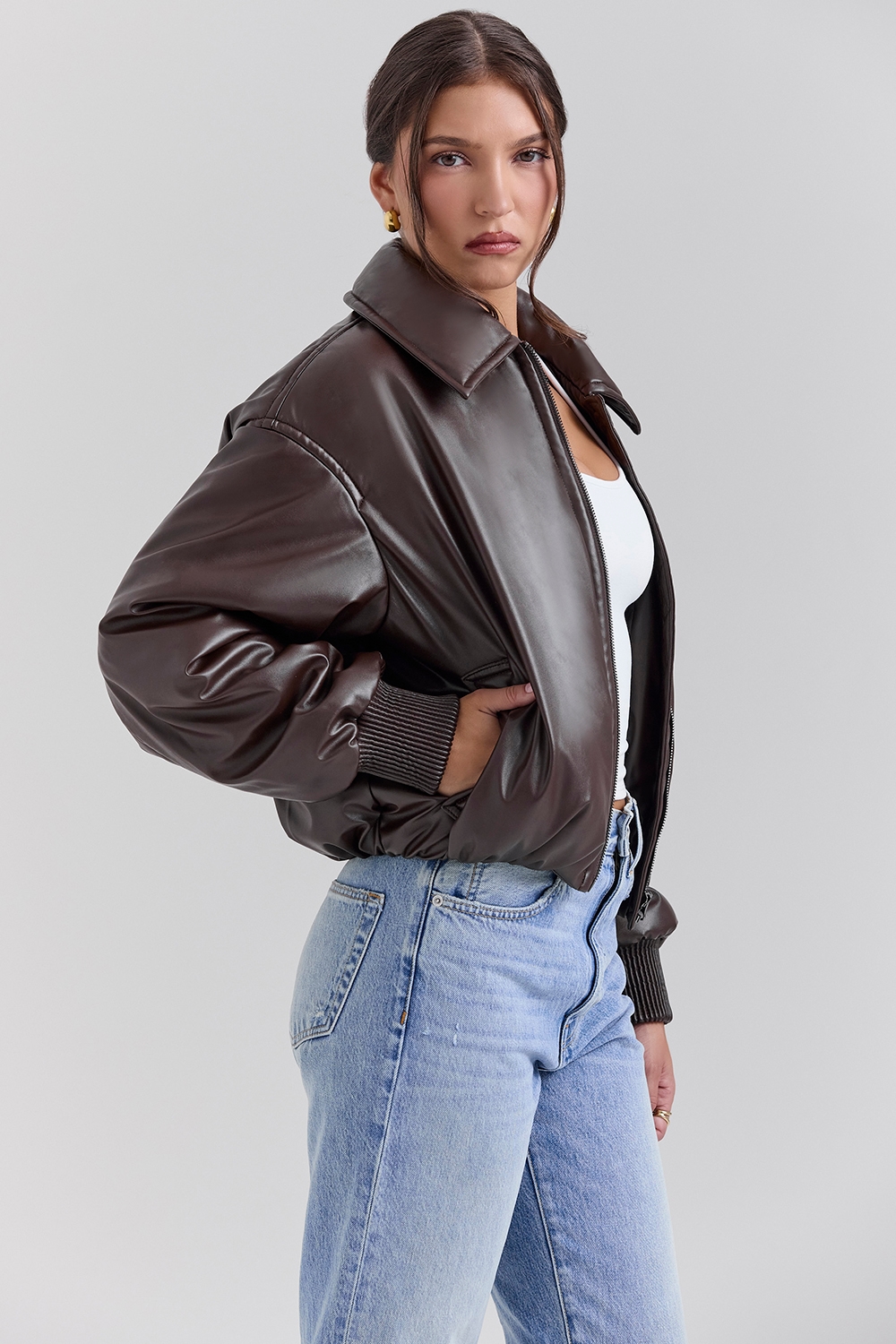 Sante  Dark Brown Vegan Leather Bomber Jacket — image 7