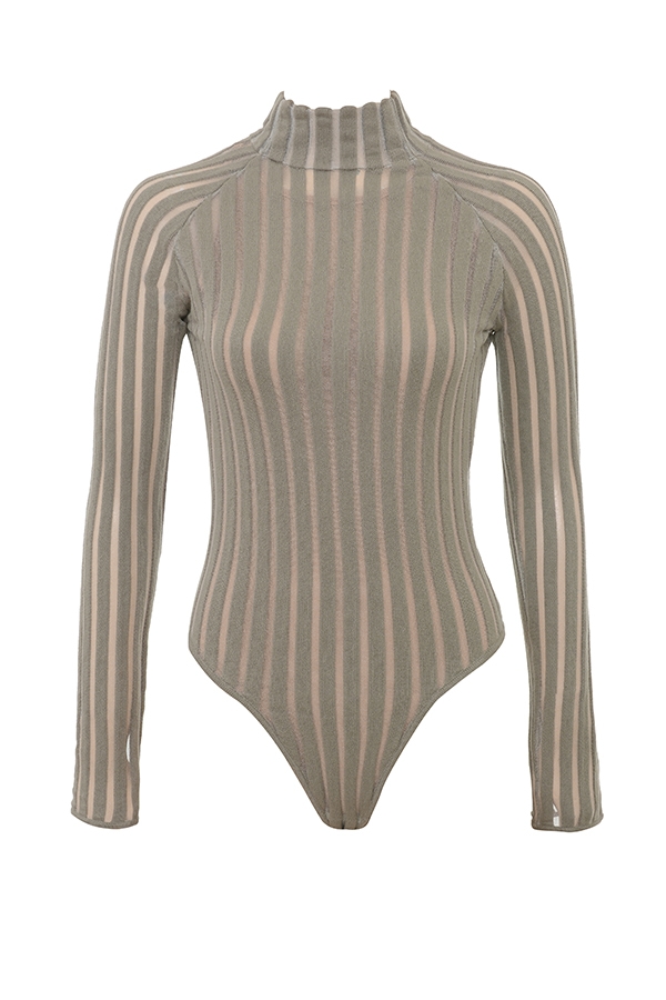 Rowena  Grey Velour Sheer Striped Bodysuit — image 10